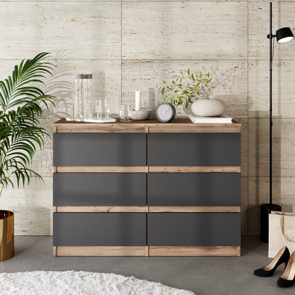 GABRIEL - Commode 6 Tiroirs - Buffet de Chevet - H71 cm L100 cm P33 cm (Chêne Wotan / Anthracite)