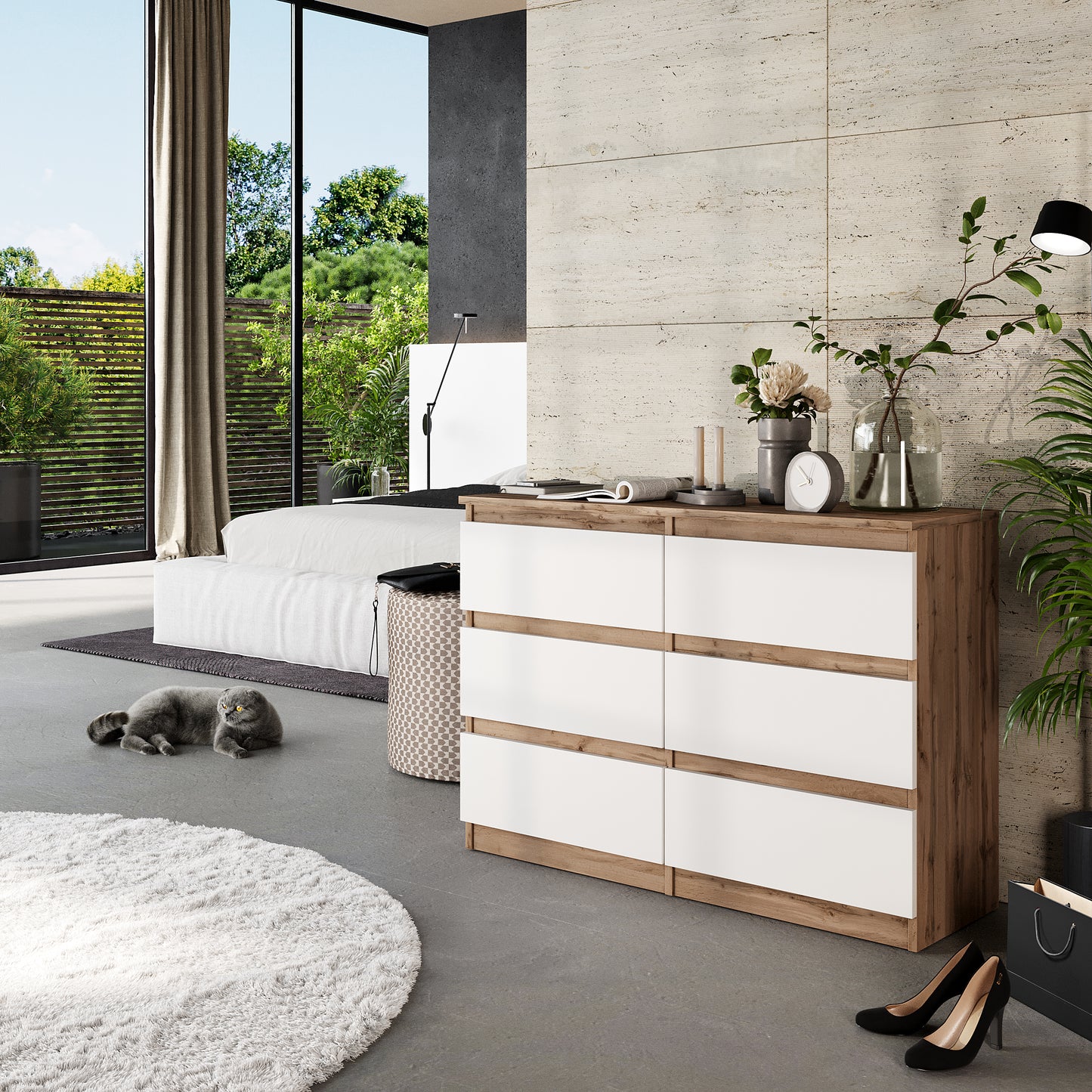 GABRIEL - Commode 6 Tiroirs - Buffet de Chevet - H71 cm L100 cm P33 cm (Chêne Wotan / Blanc Matt)