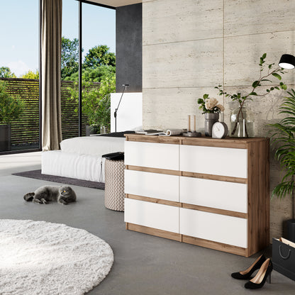 GABRIEL - Commode 6 Tiroirs - Buffet de Chevet - H71 cm L100 cm P33 cm (Chêne Wotan / Blanc Matt)