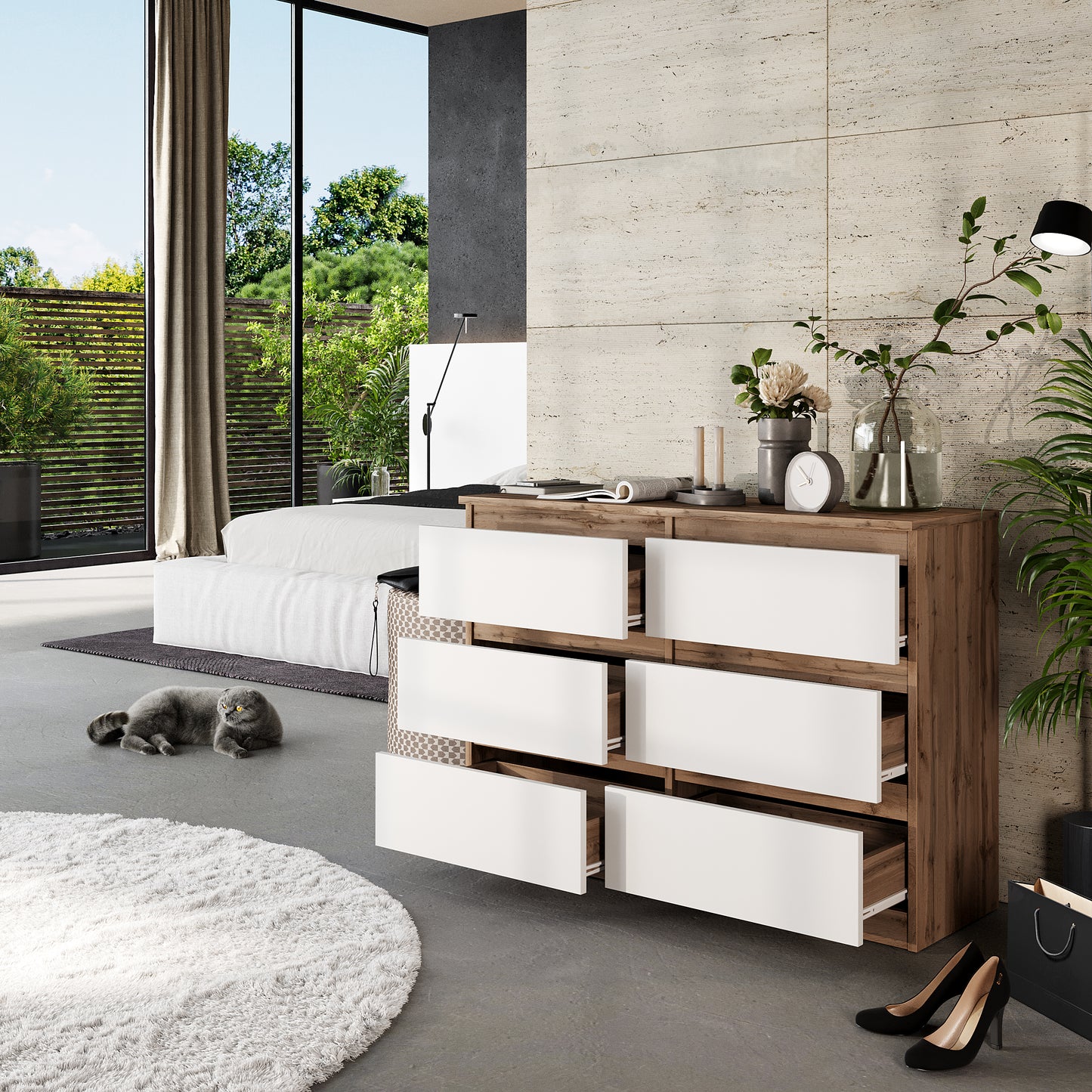 GABRIEL - Commode 6 Tiroirs - Buffet de Chevet - H71 cm L100 cm P33 cm (Chêne Wotan / Blanc Matt)
