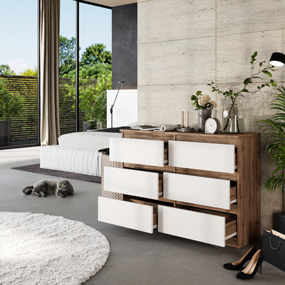 GABRIEL - Commode 6 Tiroirs - Buffet de Chevet - H71 cm L100 cm P33 cm (Chêne Wotan / Blanc Matt)