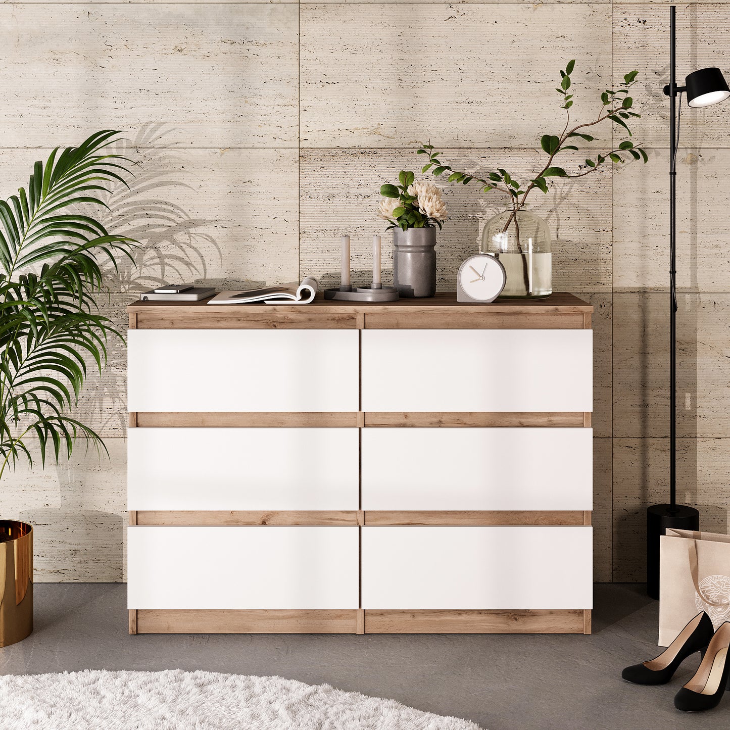 GABRIEL - Commode 6 Tiroirs - Buffet de Chevet - H71 cm L100 cm P33 cm (Chêne Wotan / Blanc Matt)