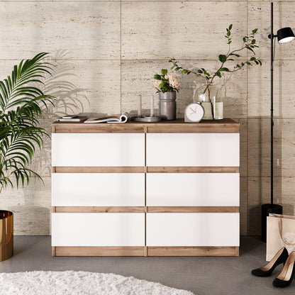 GABRIEL - Commode 6 Tiroirs - Buffet de Chevet - H71 cm L100 cm P33 cm (Chêne Wotan / Blanc Matt)