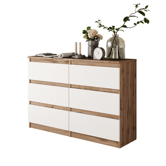 GABRIEL - Commode 6 Tiroirs - Buffet de Chevet - H71 cm L100 cm P33 cm (Chêne Wotan / Blanc Matt)