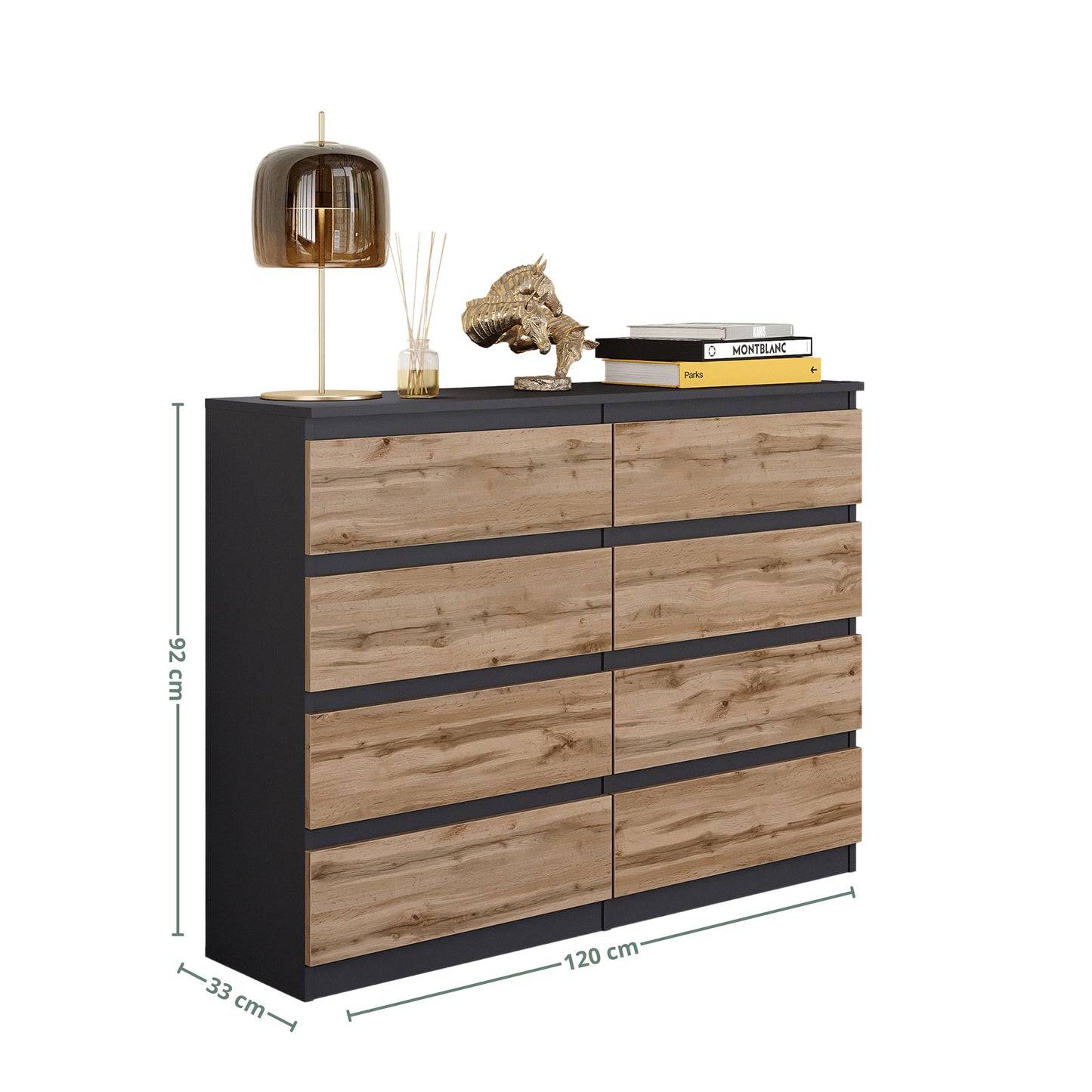 GABRIEL - Commode 8 Tiroirs - Buffet de Chevet - H92 cm L120 cm P33 cm (Anthracite / Chêne Wotan)
