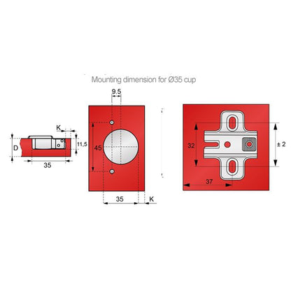 110° Charnière, H0 plaque de montage avec vis EURO, portes superposées Standard Furnica 