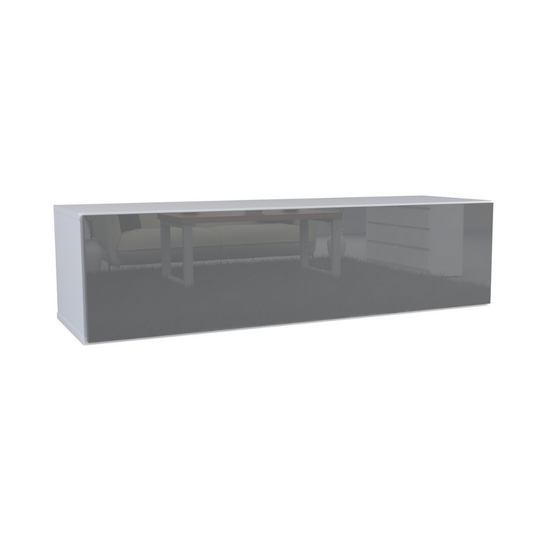 NICOLE - Meuble TV avec Porte Large H38cm L140cm P35cm - Blanc / Anthracite Brillant