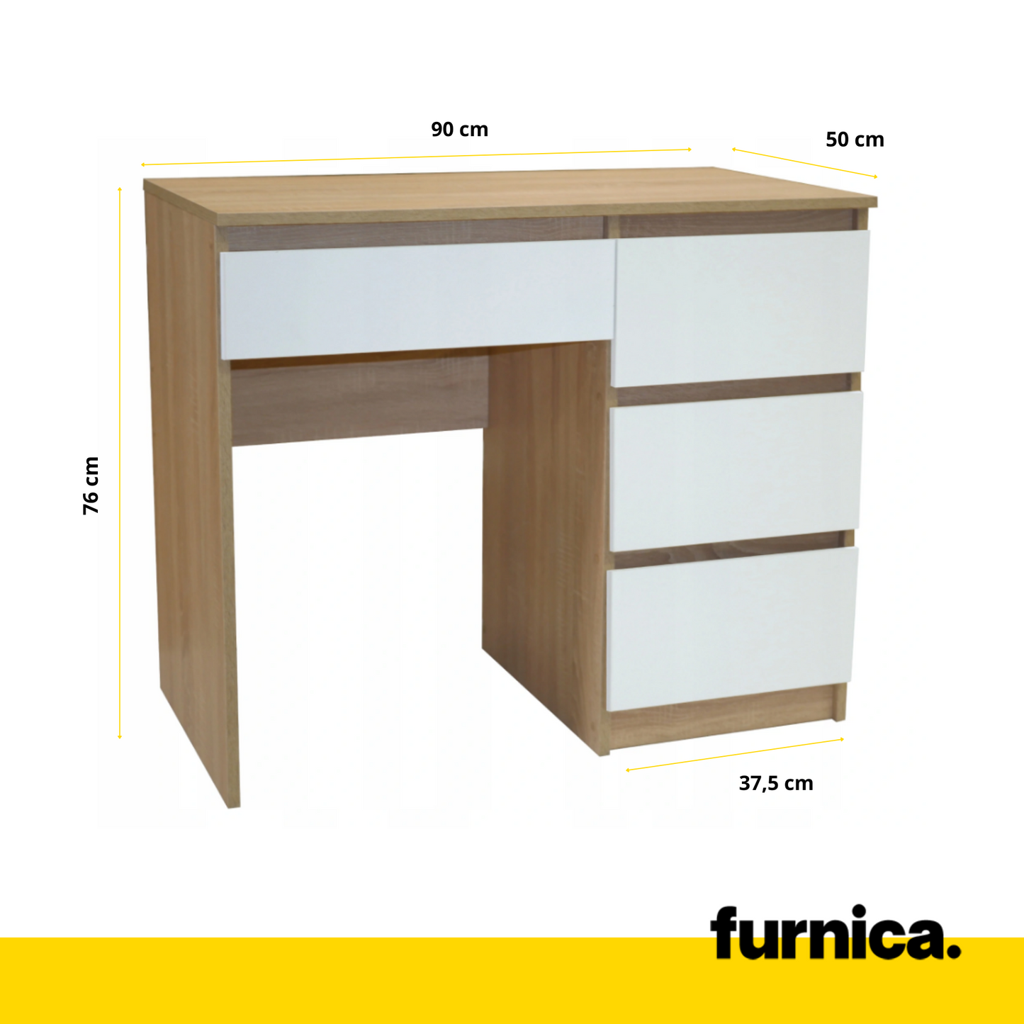 BEN - Bureau d'ordinateur - 4 Tiroirs - H76cm L90cm P50cm - Droite (Chêne Sonoma/Blanc)