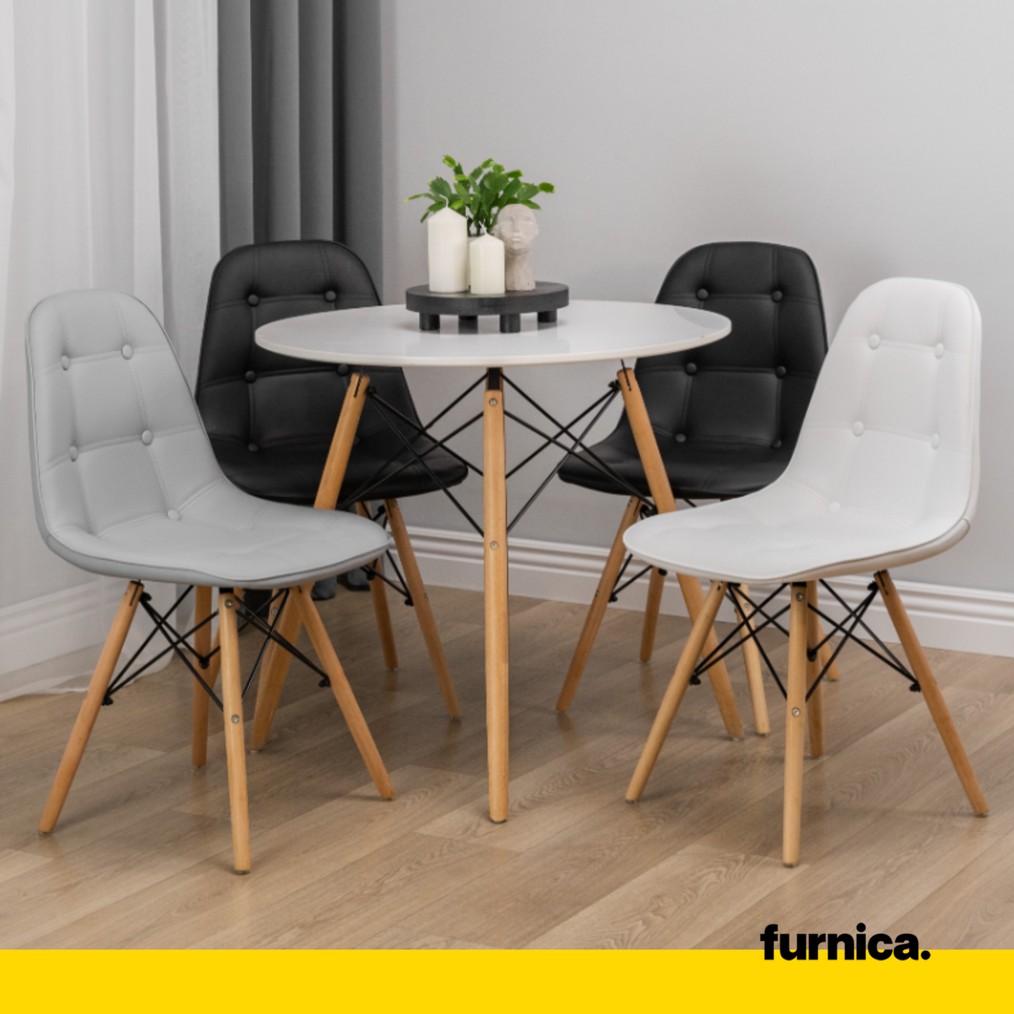ANGELO - Chaise de Salle à Manger / Bureau en Cuir Écologique de Qualité avec Boutons et Pieds en Bois - Gris