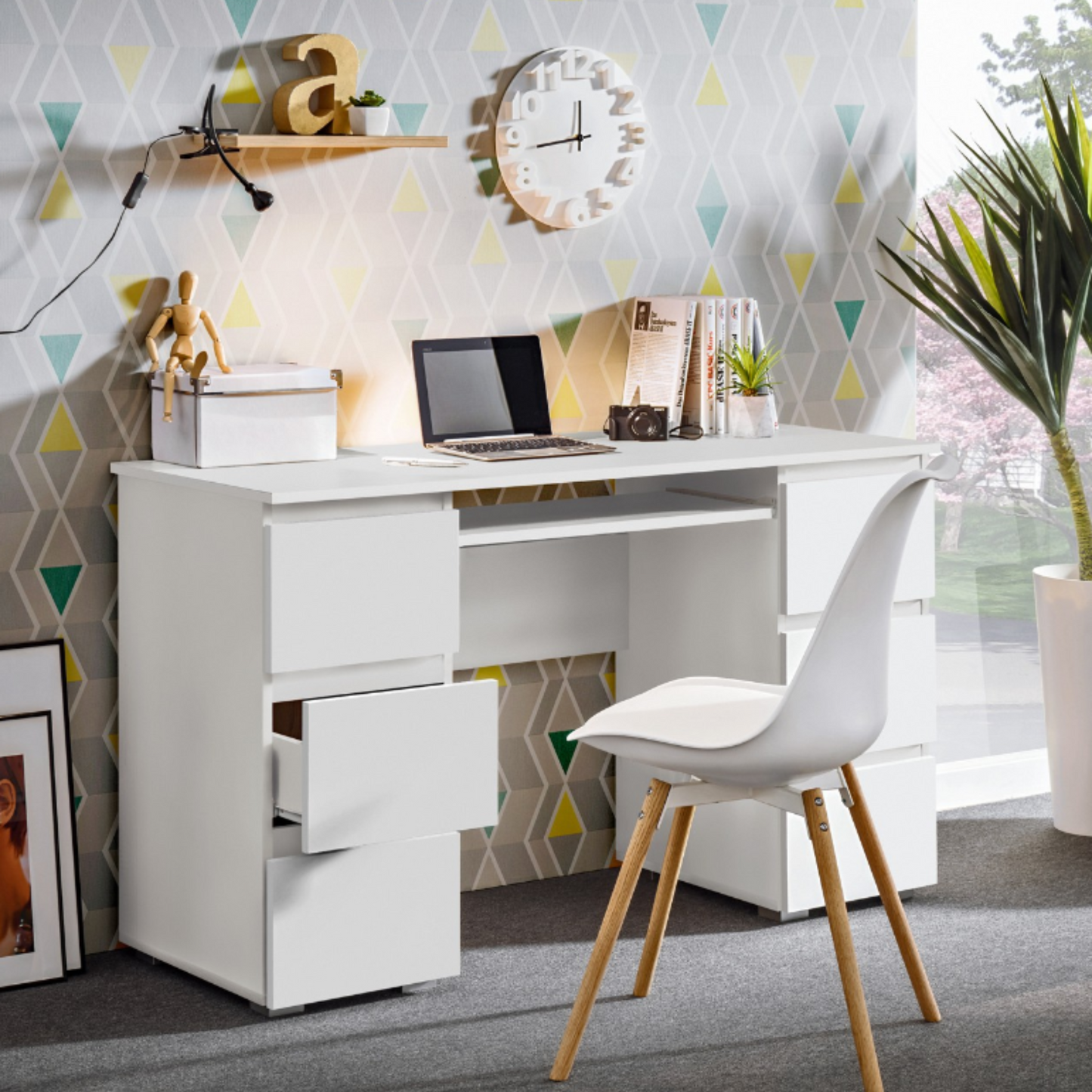 CUBA - Bureau d'ordinateur - 6 Tiroirs à Ouverture par Pression et Plateau pour Clavier - H78cm L130cm P50cm (Blanc)