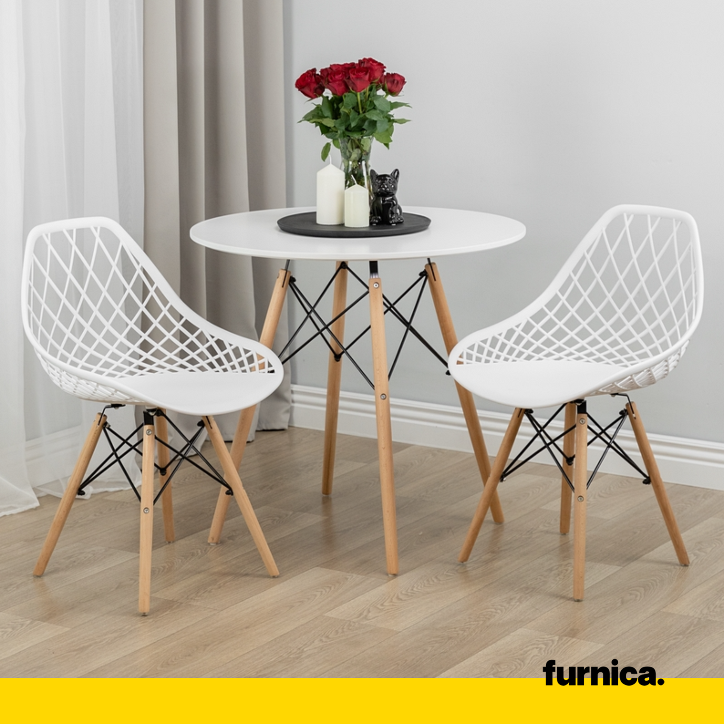 DARIO - Chaise de Salle à Manger / Bureau en Plastique Perforé avec Pieds en Bois - Blanc