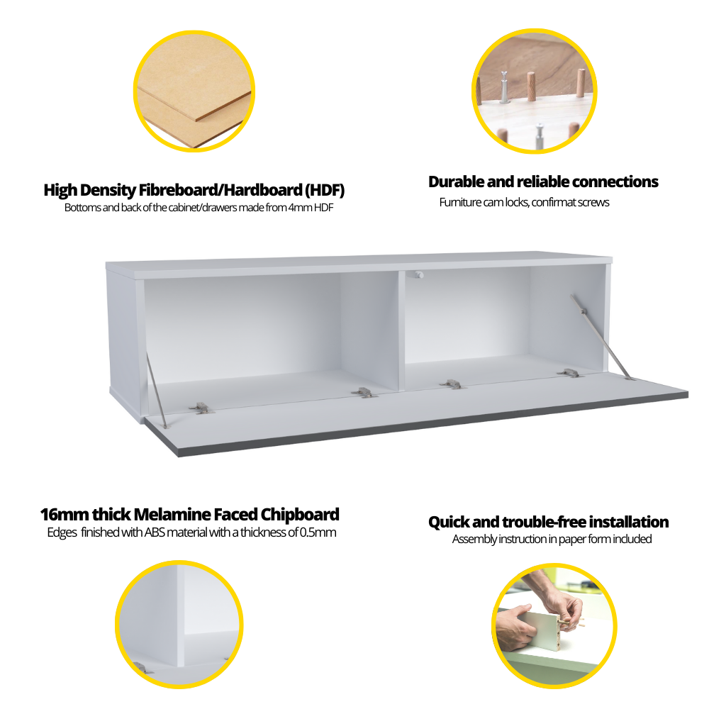 NICOLE - Meuble TV avec Porte Large H38cm L140cm P35cm - Blanc / Anthracite Brillant