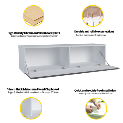 NICOLE - Meuble TV avec Porte Large H38cm L140cm P35cm - Blanc / Anthracite Brillant