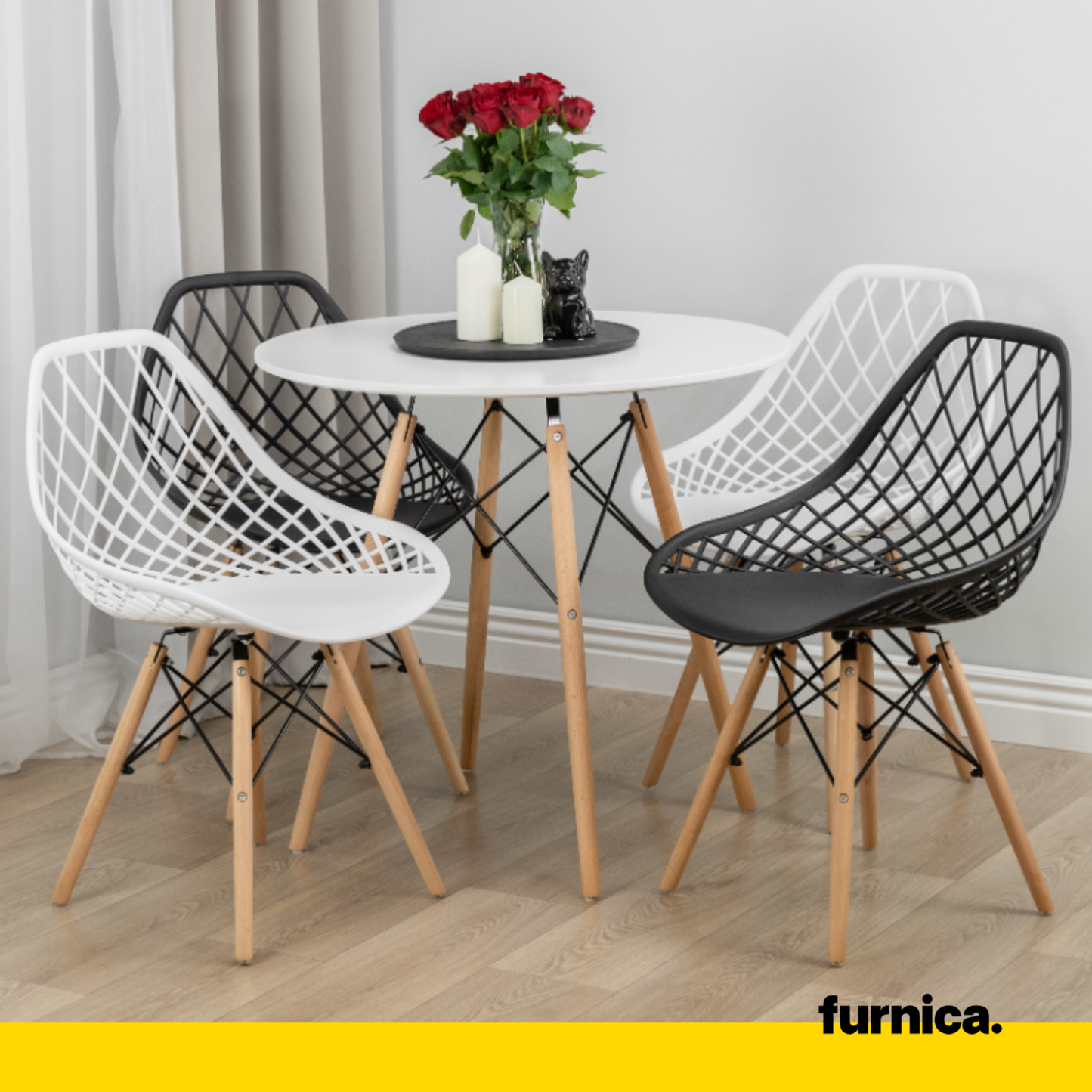 DARIO - Chaise de Salle à Manger / Bureau en Plastique Perforé avec Pieds en Bois - Blanc