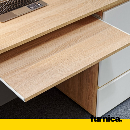 BRUNO - Bureau d'ordinateur - 3 Tiroirs et Plateau pour Clavier - H76cm L90cm P50cm - Gauche (Blanc)