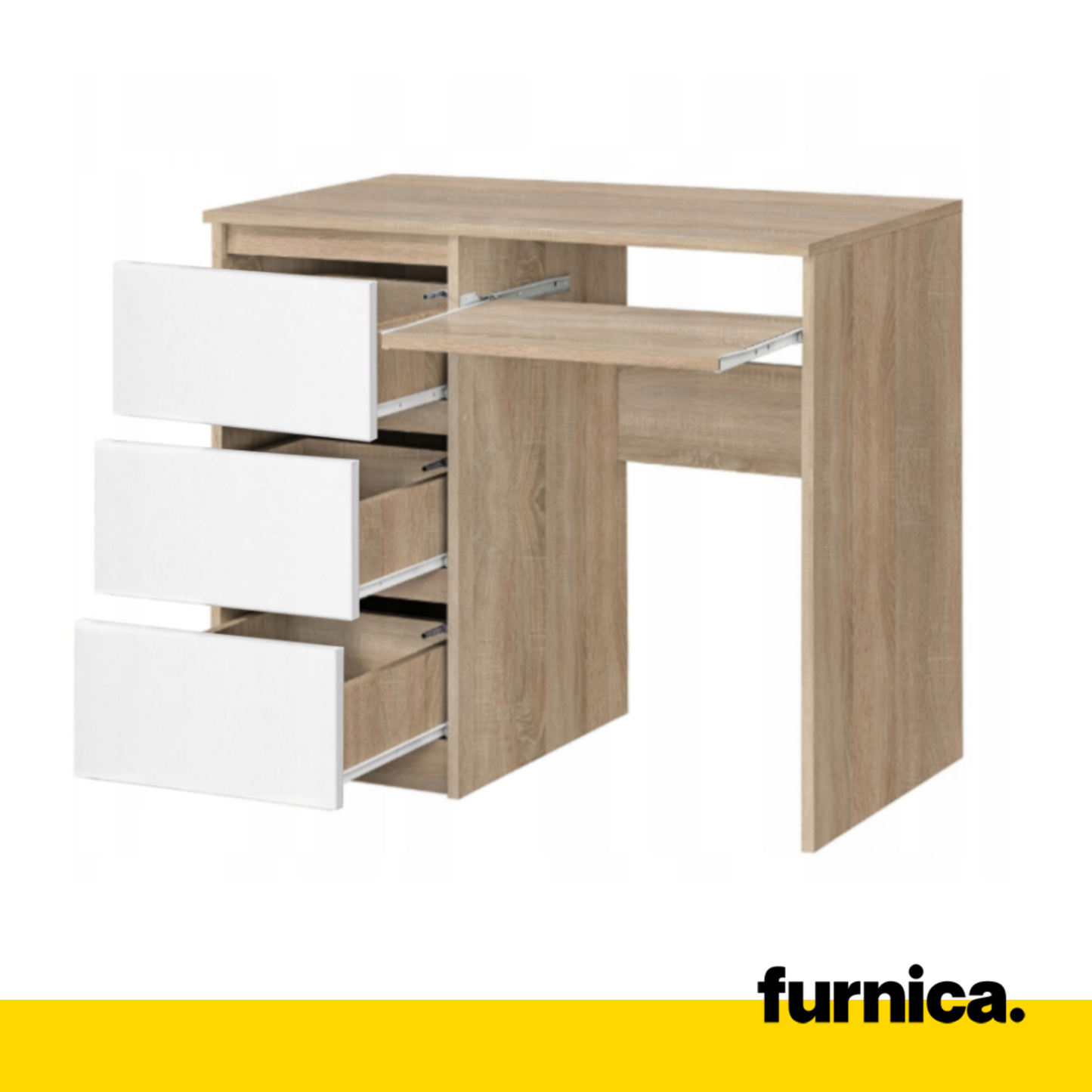 BRUNO - Bureau d'ordinateur - 3 Tiroirs et Plateau pour Clavier - H76cm L90cm P50cm - Gauche (Chêne Sonoma/Blanc)