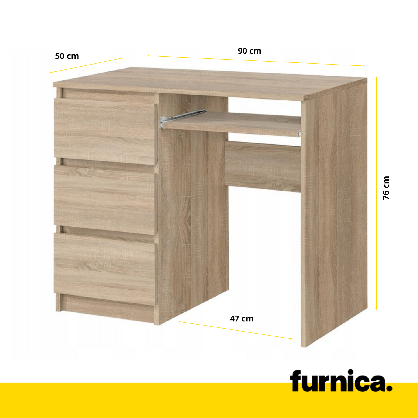 BRUNO - Bureau d'ordinateur - 3 Tiroirs et Plateau pour Clavier - H76cm L90cm P50cm - Gauche (Chêne Sonoma)