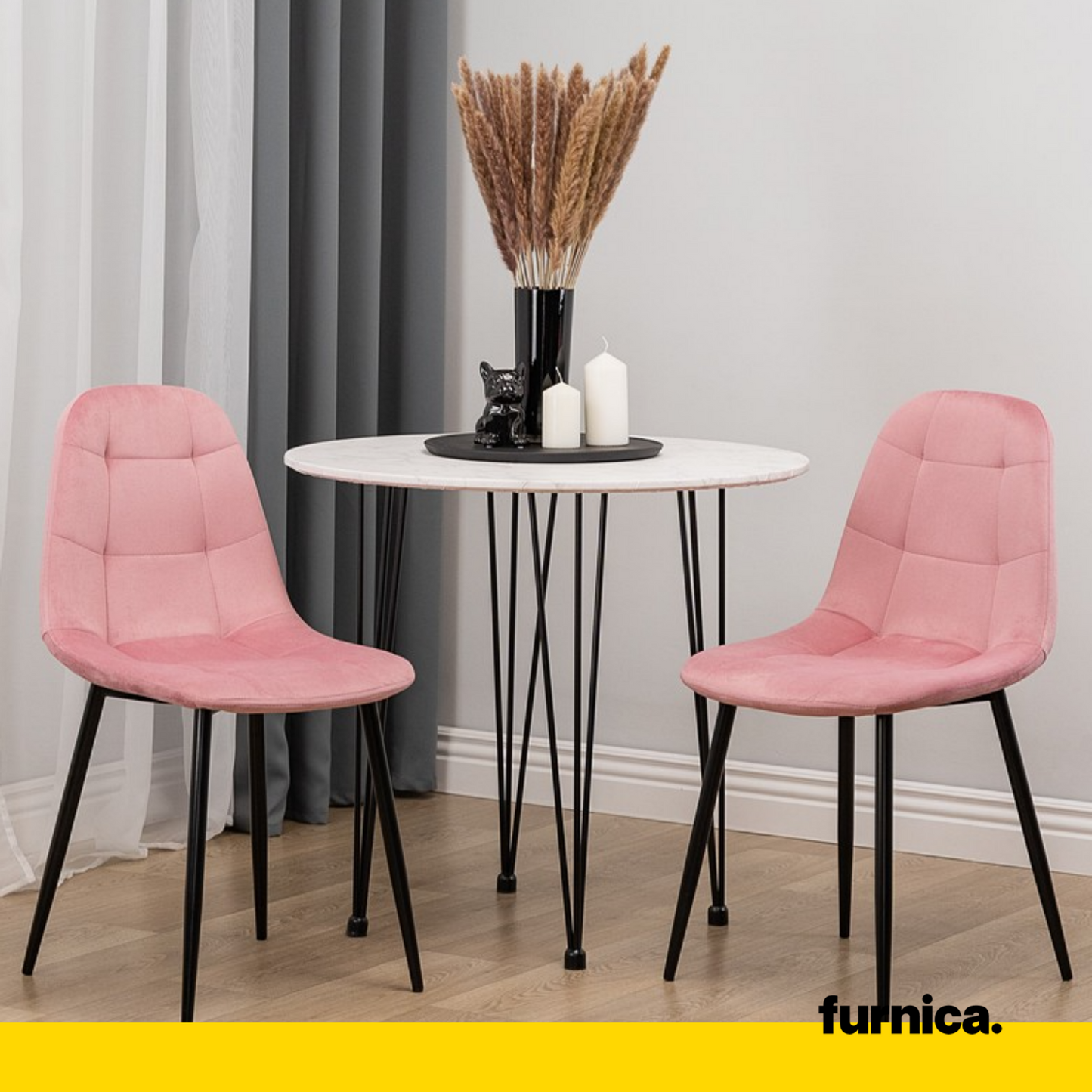 ROBERTO - Chaise de Salle à Manger / Bureau en Velours Matelassé avec Pieds en Métal Noir - Rose