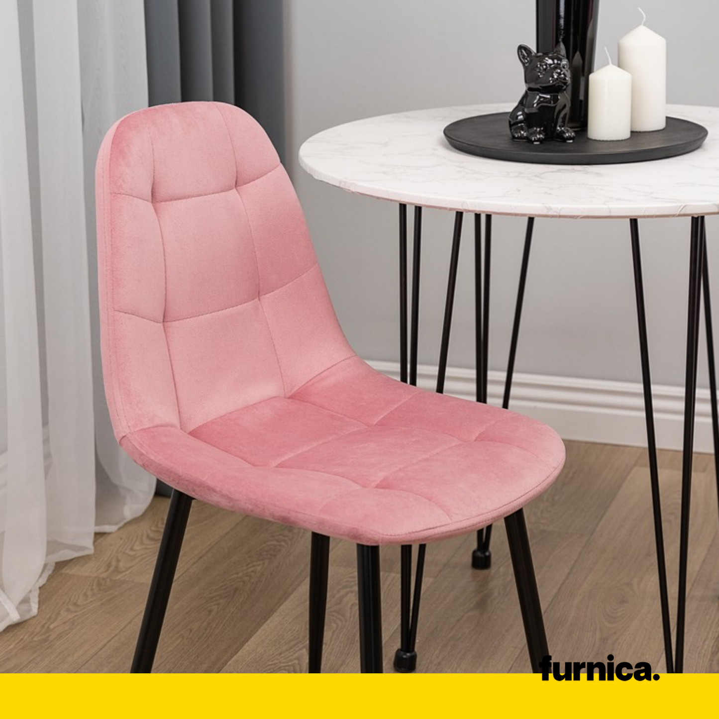 ROBERTO - Chaise de Salle à Manger / Bureau en Velours Matelassé avec Pieds en Métal Noir - Rose
