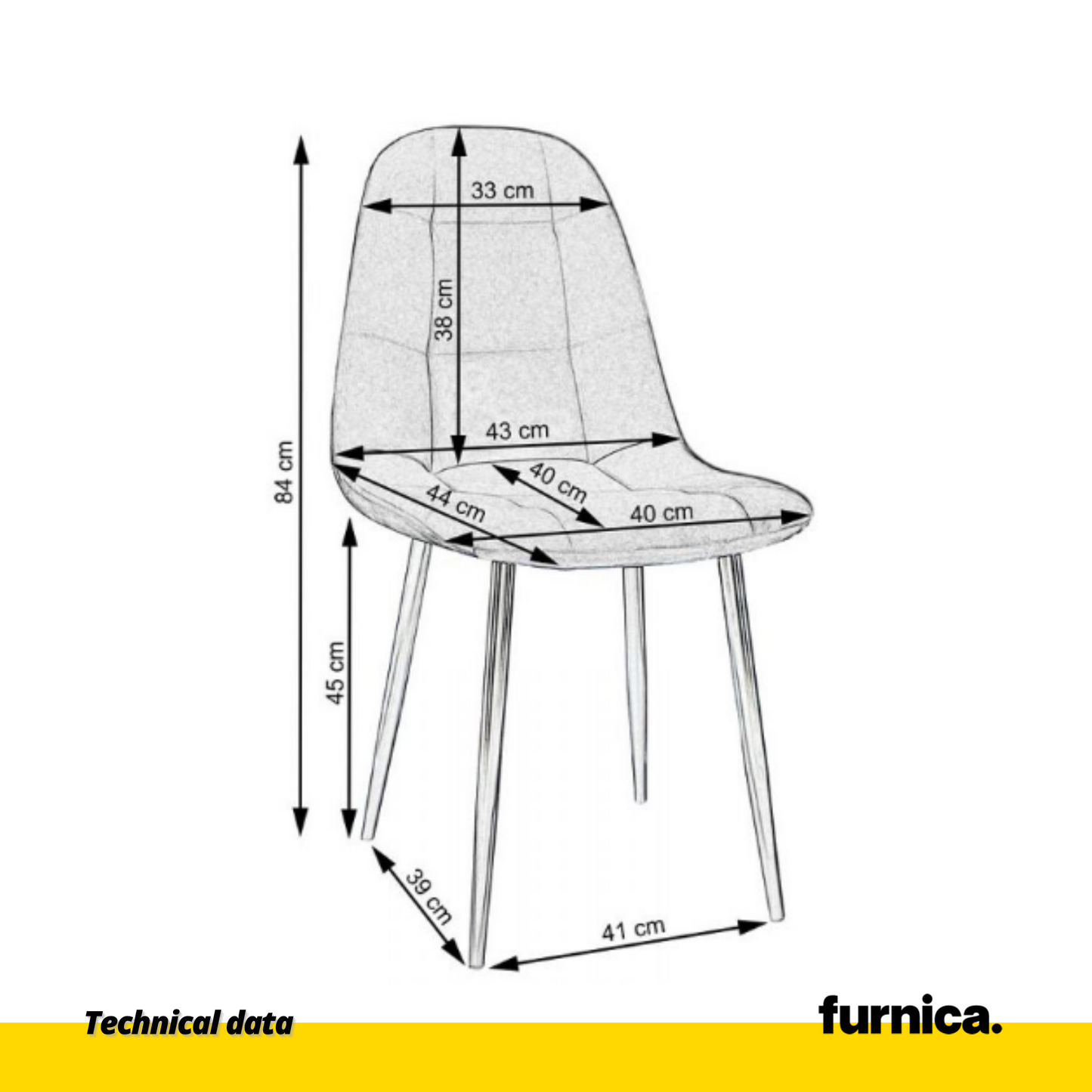 ROBERTO - Chaise de Salle à Manger / Bureau en Velours Matelassé avec Pieds en Métal Noir - Jaune
