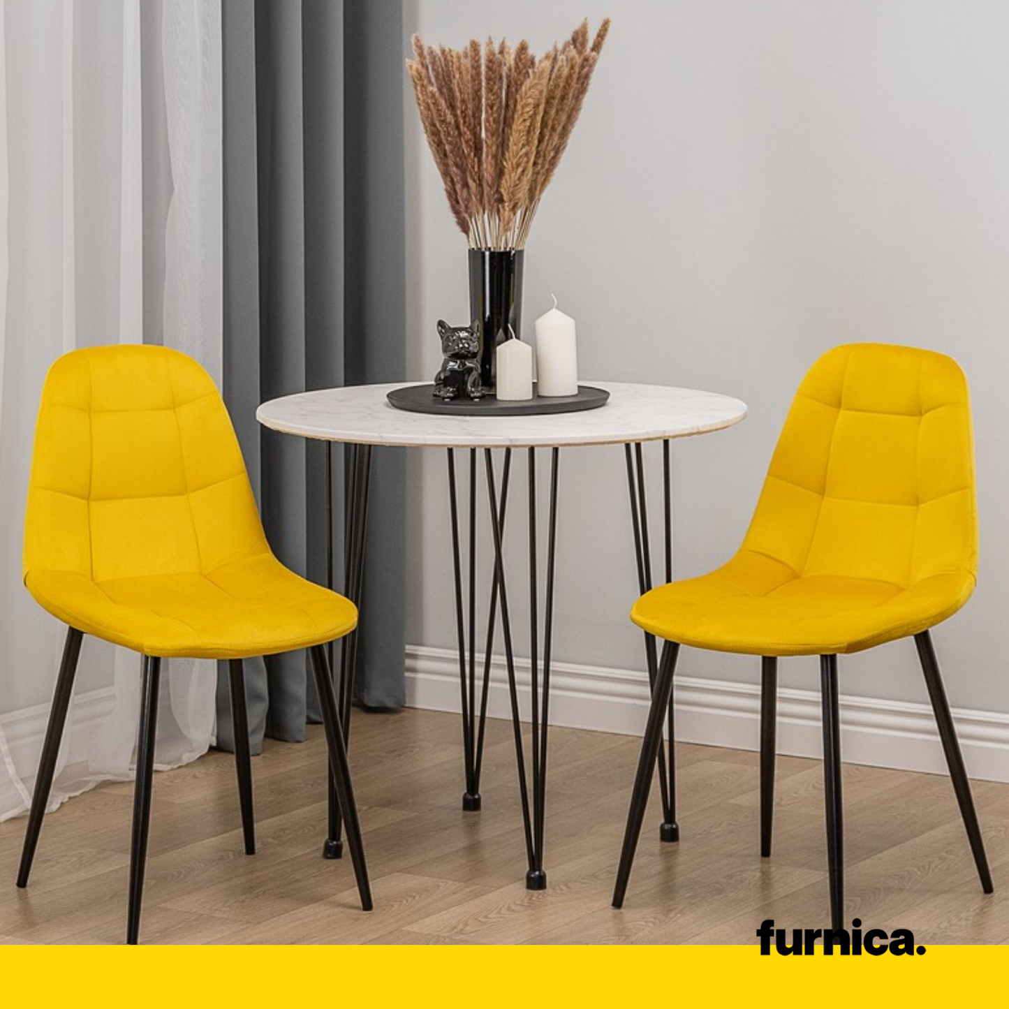 ROBERTO - Chaise de Salle à Manger / Bureau en Velours Matelassé avec Pieds en Métal Noir - Jaune