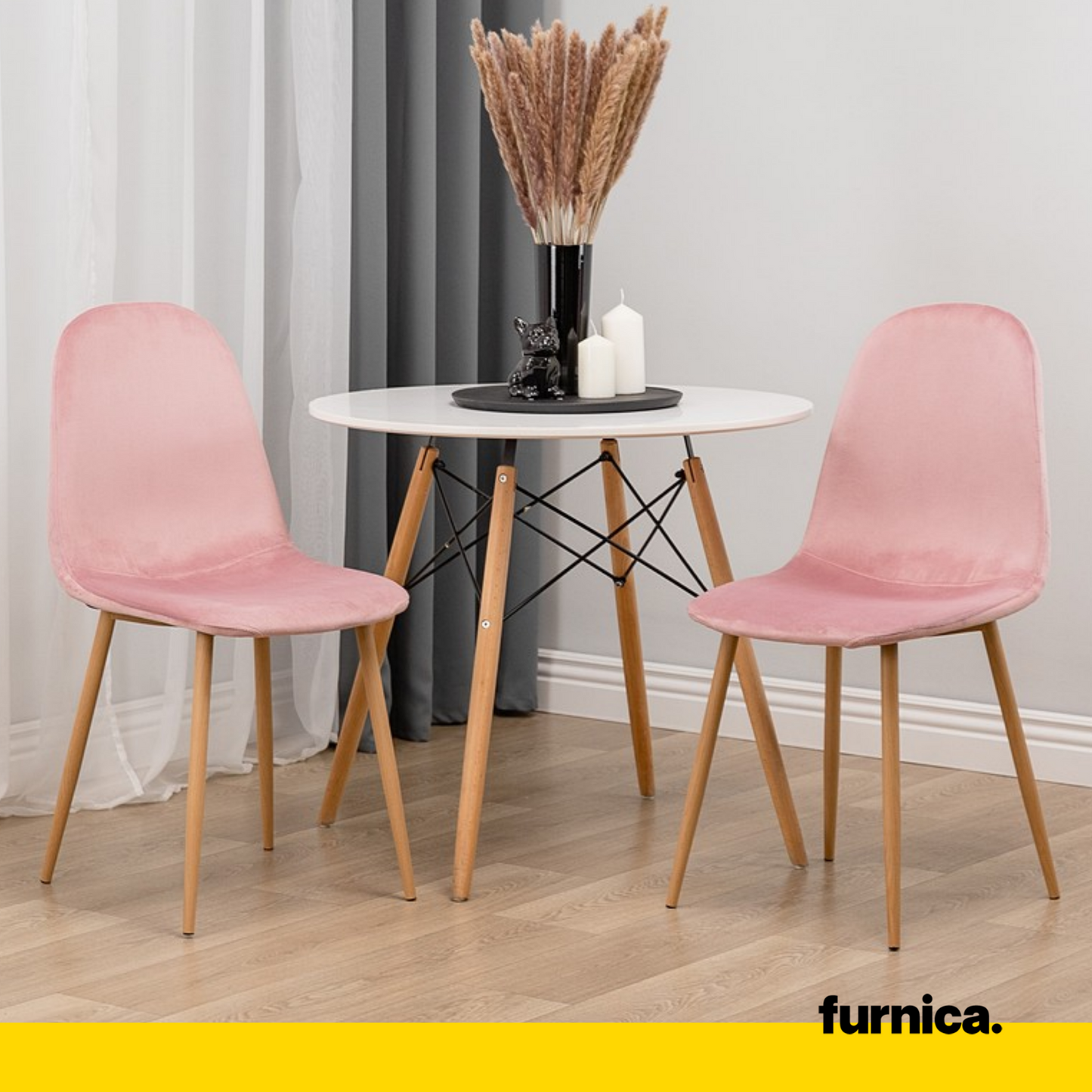FLAVIO - Chaise de Salle à Manger / Bureau en Velours Durable avec Pieds en Bois - Rose