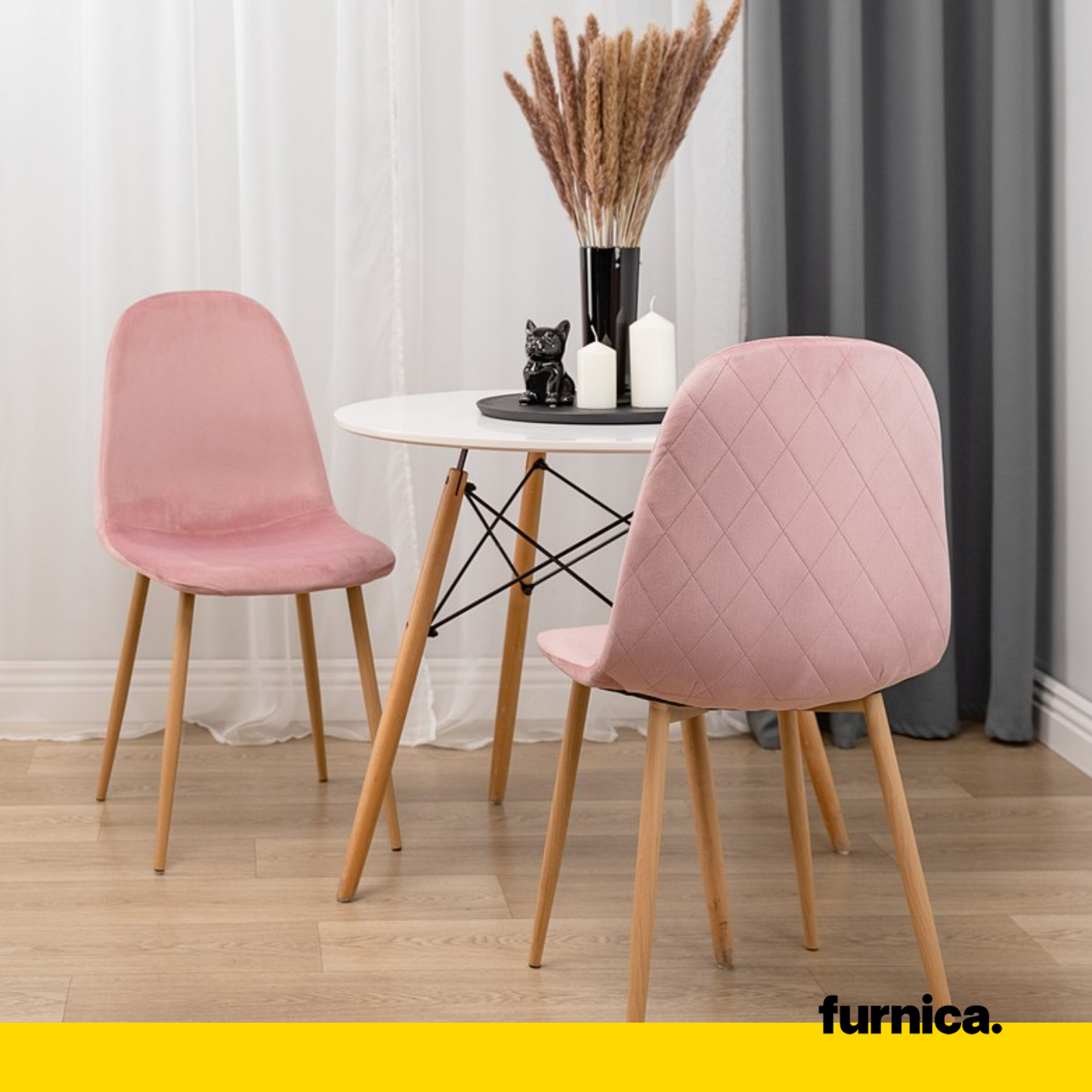 FLAVIO - Chaise de Salle à Manger / Bureau en Velours Durable avec Pieds en Bois - Rose