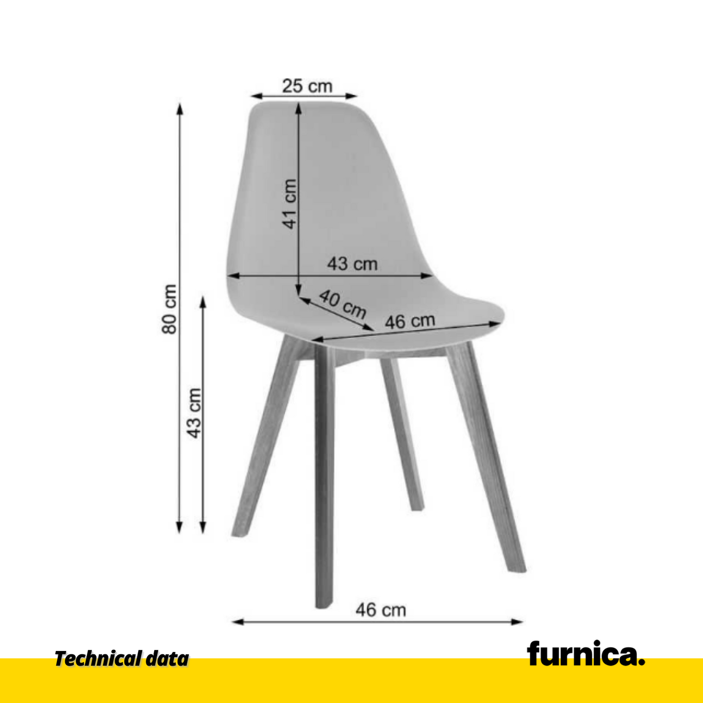 MARCELLO - Chaise de Salle à Manger / Bureau en Plastique avec Pieds en Bois - Gris