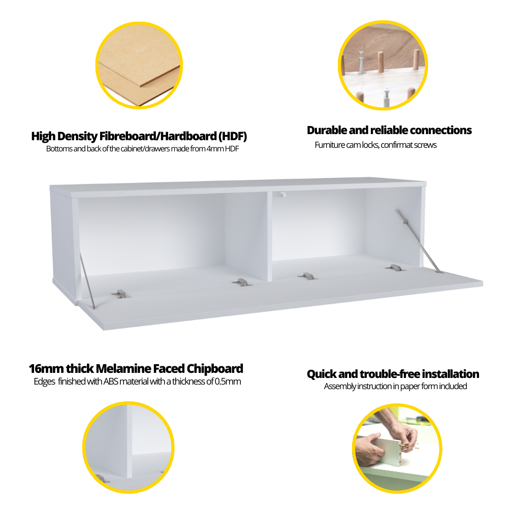NICOLE - Meuble TV avec Porte Large H38cm L140cm P35cm - Blanc Matt