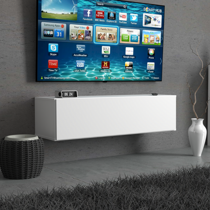 NICOLE - Meuble TV avec Porte Large H38cm L140cm P35cm - Blanc Matt