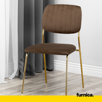 ADAMO - Chaise de Salle à Manger / Bureau en Velours Matelassé avec Pieds en Chrome Doré - Marron
