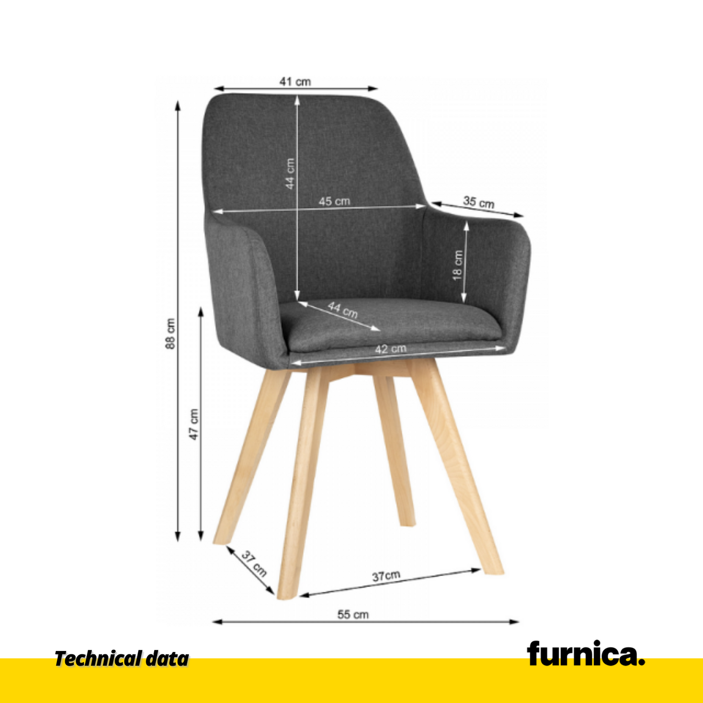 ALBERTO - Chaise de Salle à Manger / Bureau en Tissu Durable avec Pieds en Bois - Gris Foncé