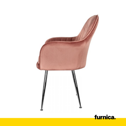 AMEDEO - Chaise de Salle à Manger / Bureau en Velours Matelassé avec Pieds en Chrome Argenté - Rose Foncé