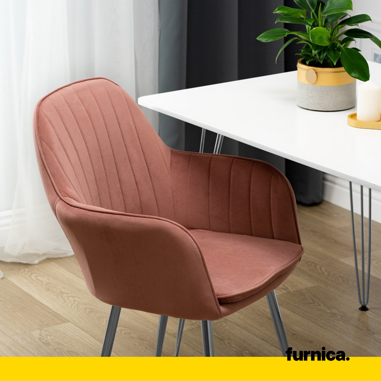 AMEDEO - Chaise de Salle à Manger / Bureau en Velours Matelassé avec Pieds en Chrome Argenté - Rose Foncé