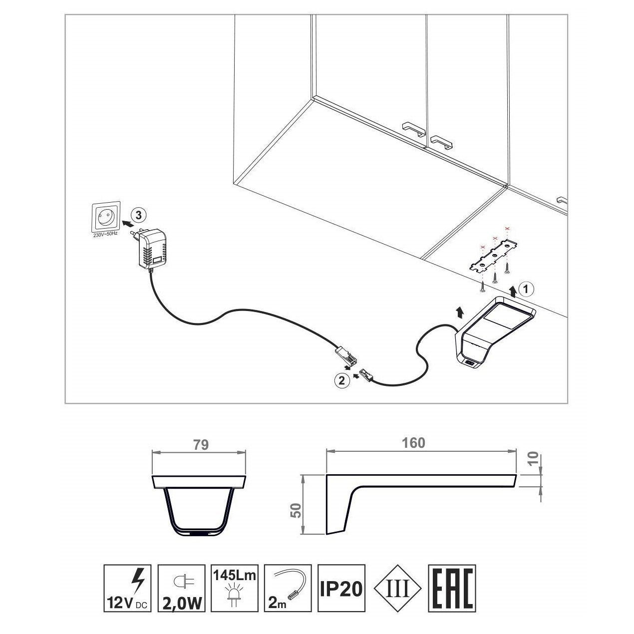 3 lampes supérieures du cabinet LED + Source de courant (F03) Furnica 