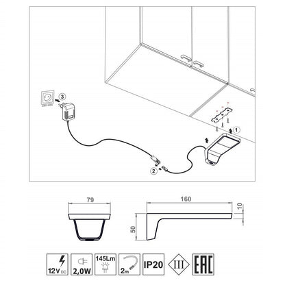 3 lampes supérieures du cabinet LED + Source de courant (F03) Furnica 