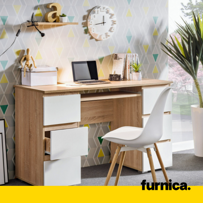 CUBA - Bureau d'ordinateur - 6 Tiroirs à Ouverture par Pression et Plateau pour Clavier - H78cm L130cm P50cm (Chêne Sonoma/Blanc)