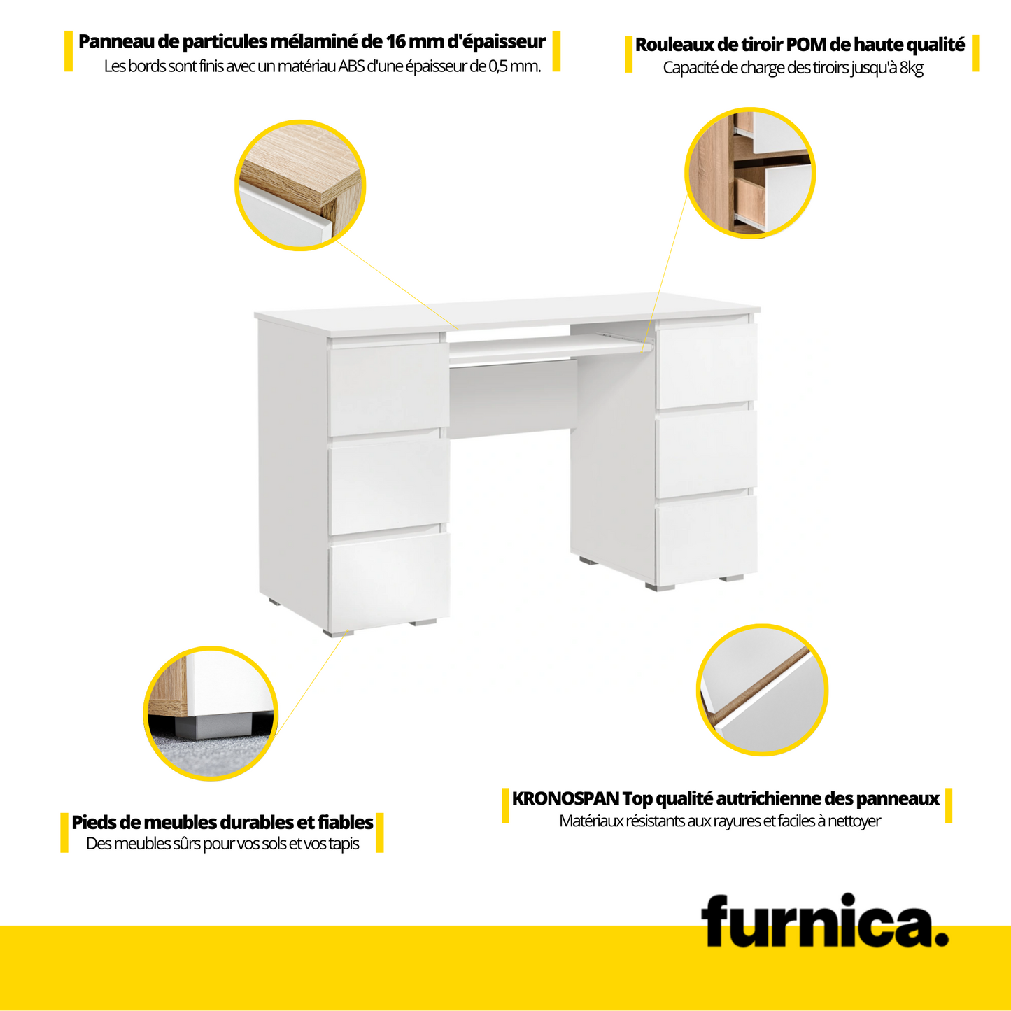 CUBA - Bureau d'ordinateur - 6 Tiroirs à Ouverture par Pression et Plateau pour Clavier - H78cm L130cm P50cm (Blanc)