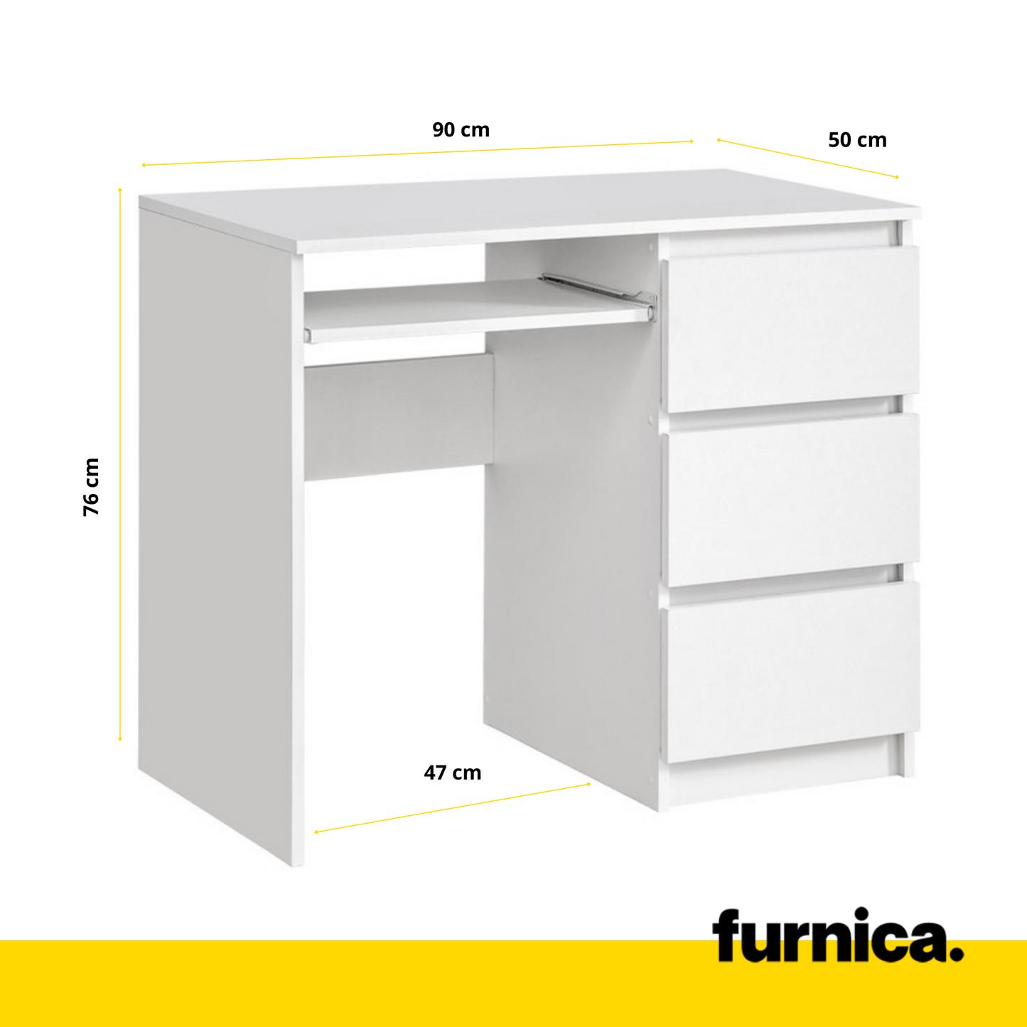 BRUNO - Bureau d'ordinateur - 3 Tiroirs et Plateau pour Clavier - H76cm L90cm P50cm - Droit (Blanc)