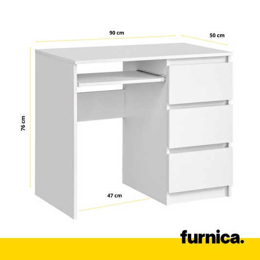 BRUNO - Bureau d'ordinateur - 3 Tiroirs et Plateau pour Clavier - H76cm L90cm P50cm - Droit (Blanc)