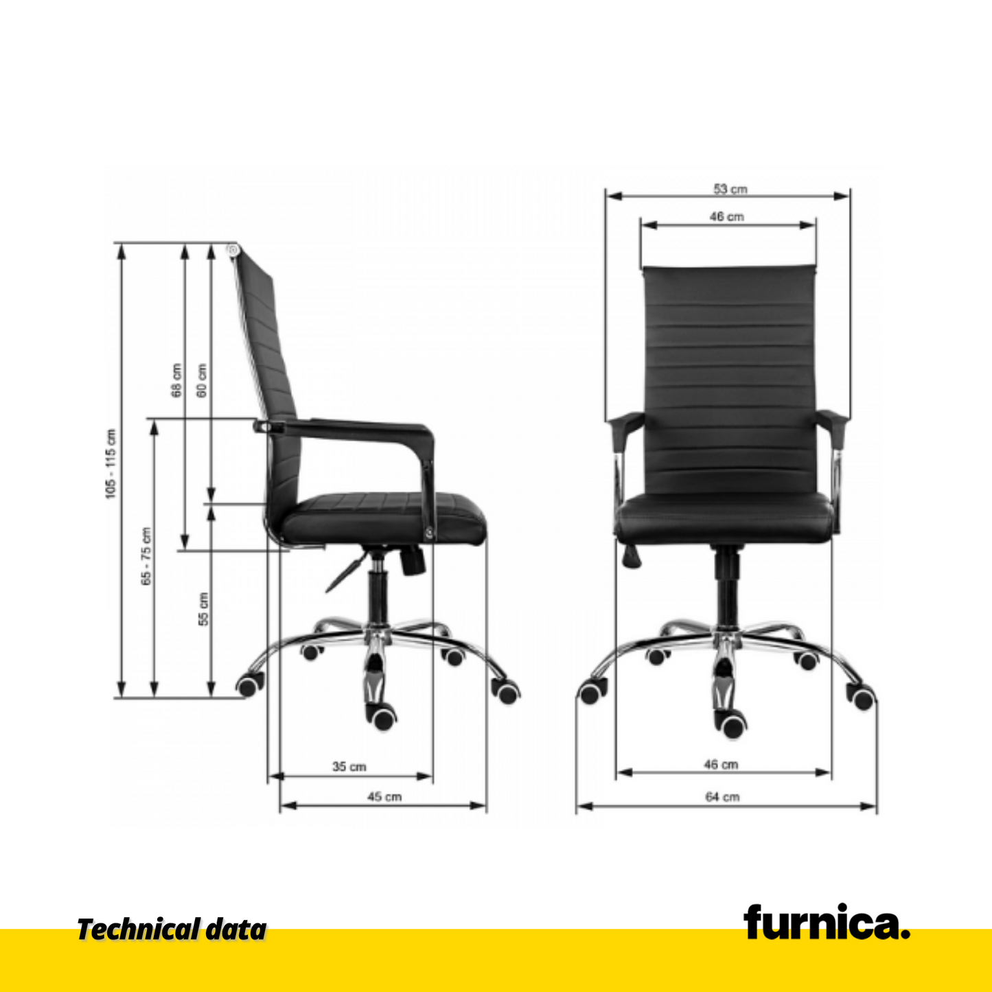 NICOLA - Chaise de Bureau Recouverte de Cuir Écologique de Haute Qualité - Noir H115cm L64cm