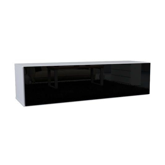 NICOLE - Meuble TV avec Porte Large H38cm L140cm P35cm - Blanc / Noir Brillant