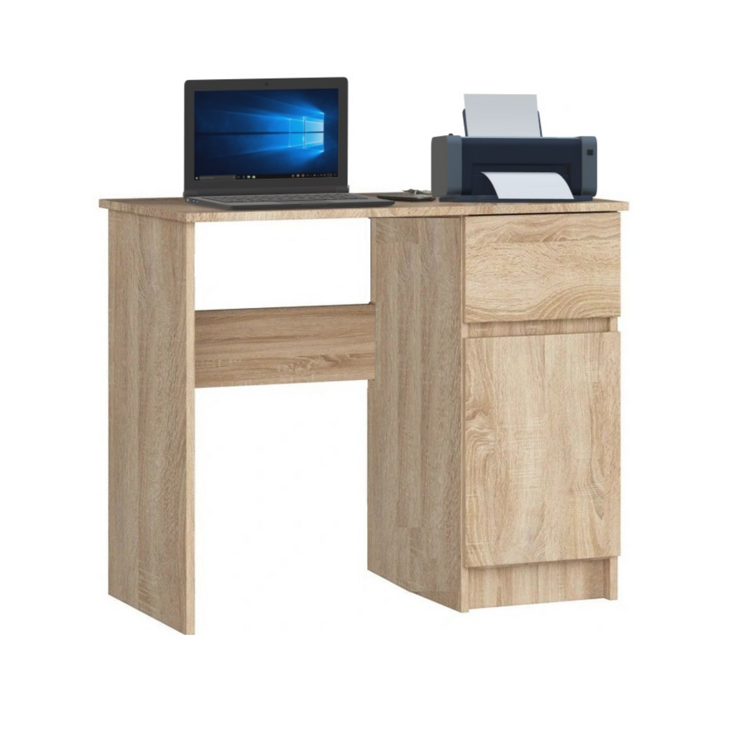 BEN - Bureau d'ordinateur - 1 Tiroir et 1 Porte - H76cm L90cm P50cm - Droite (Chêne Sonoma)