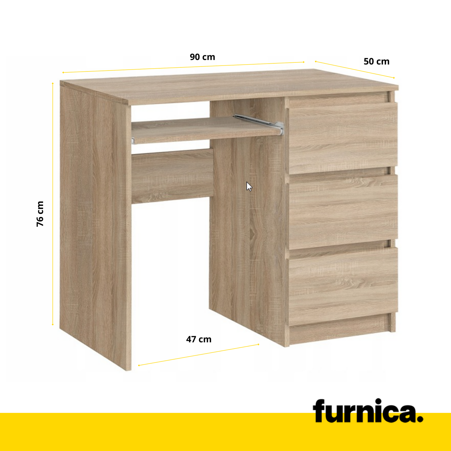BRUNO - Bureau d'ordinateur - 3 Tiroirs et Plateau pour Clavier - H76cm L90cm P50cm - Droit (Chêne Sonoma)