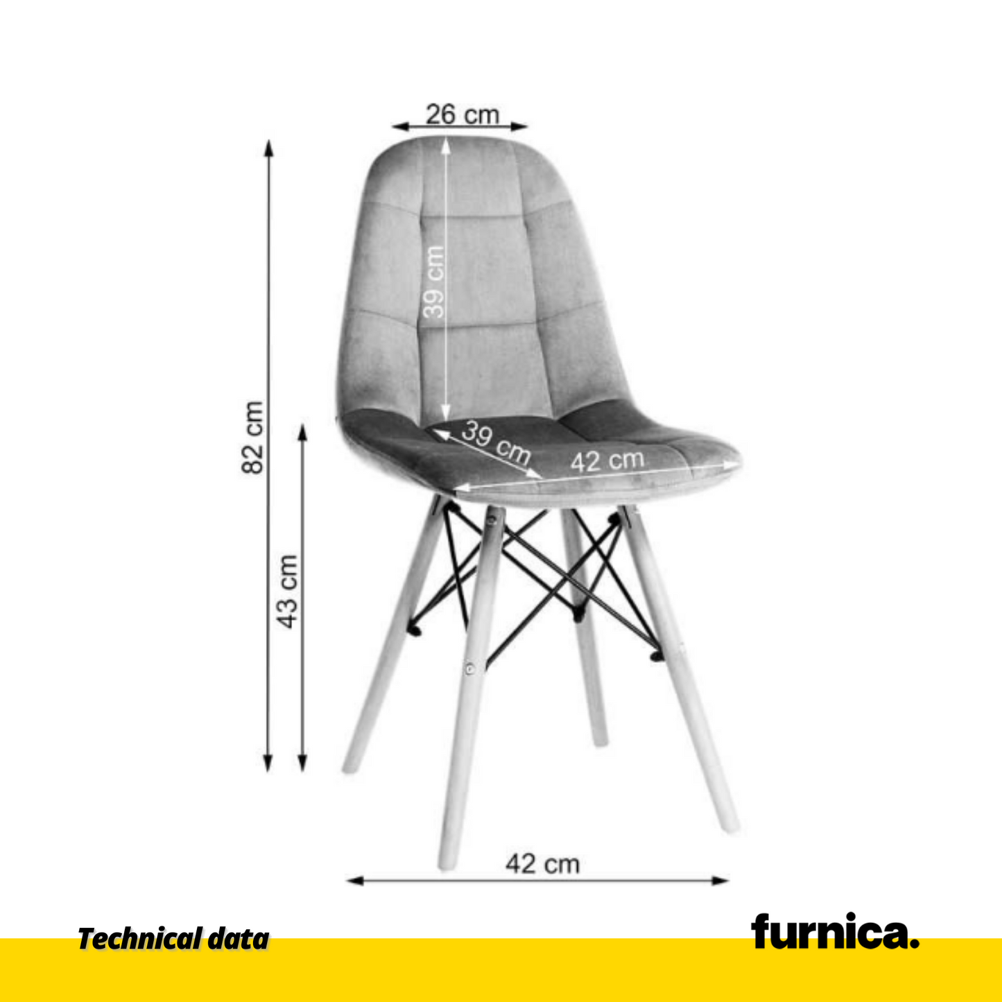 FABRIZIO - Chaise de Salle à Manger / Bureau en Velours Matelassé avec Pieds en Bois - Gris Foncé