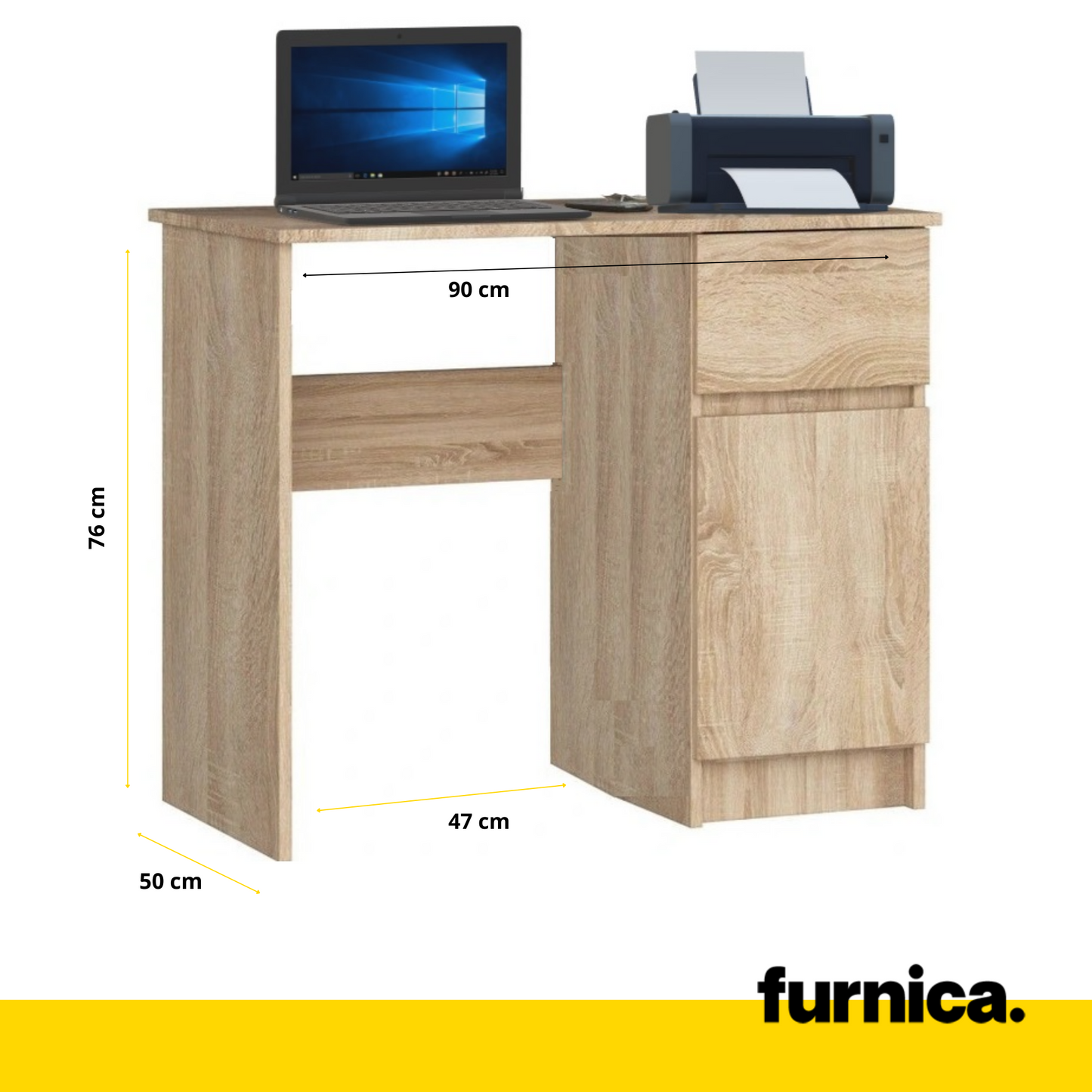 BEN - Bureau d'ordinateur - 1 Tiroir et 1 Porte - H76cm L90cm P50cm - Droite (Chêne Sonoma)