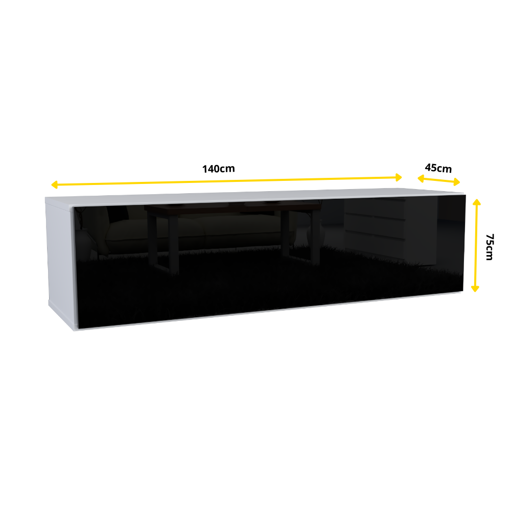 NICOLE - Meuble TV avec Porte Large H38cm L140cm P35cm - Blanc / Noir Brillant