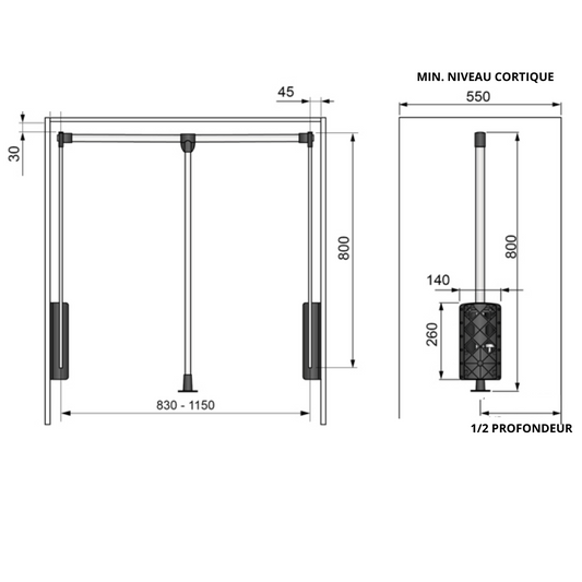 Barre de penderie escamotable - Chrome/Blanc 830-1150mm