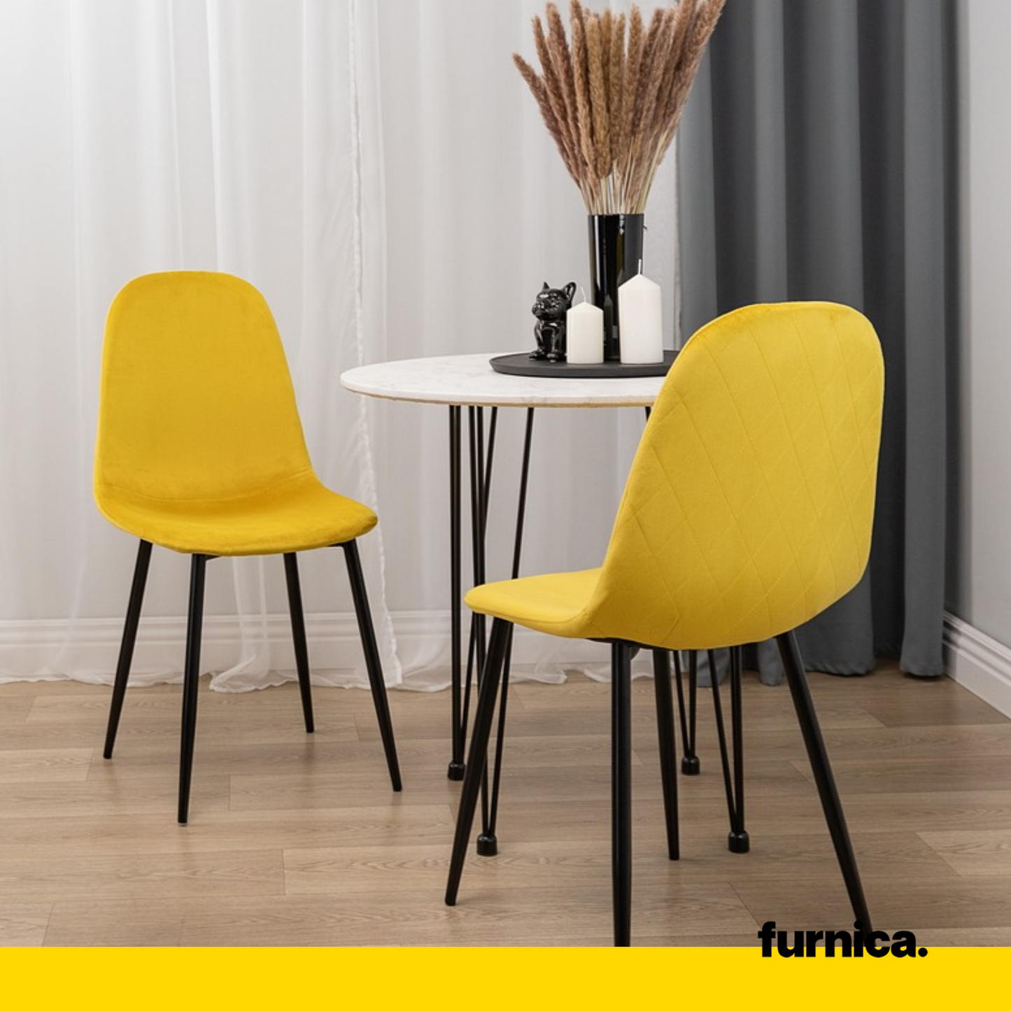 FLAVIO - Chaise de Salle à Manger / Bureau en Velours Durable avec Pieds en Métal Noir - Jaune
