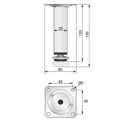 Pied de meuble carré réglable 25x25mm - 120mm - Satin